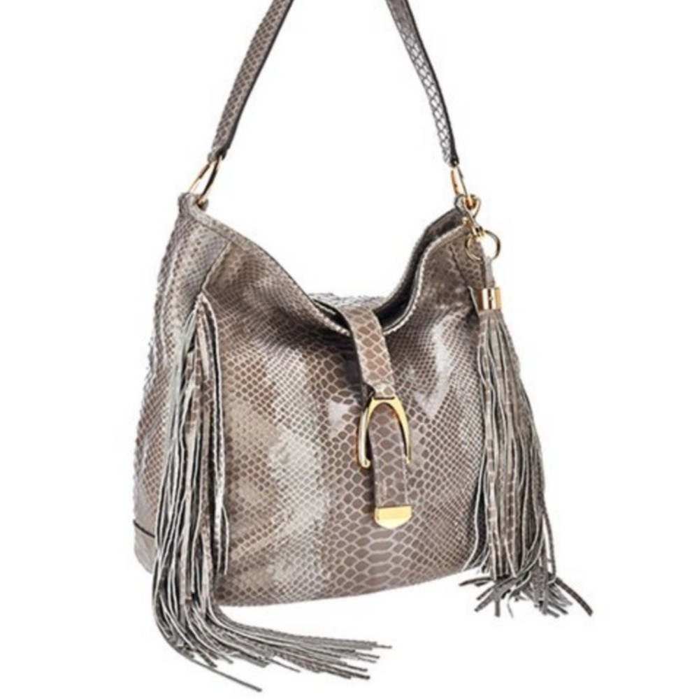 Nwot G.I.L.I.  100% Leather Large  hobo Snakeskin Fringe Bag - Picture 4 of 16